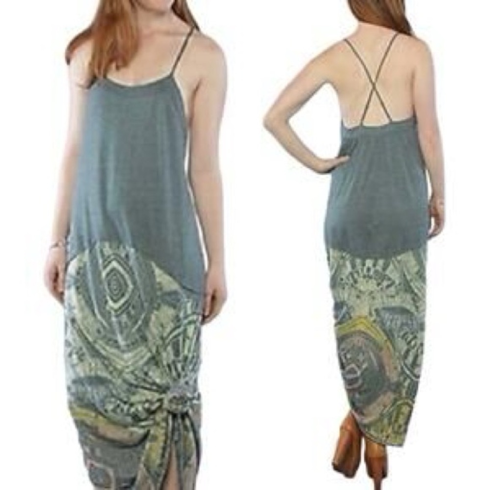 Free People We The Free Sage Green Spaghetti-Strap Maxi Dress with Printed Hem